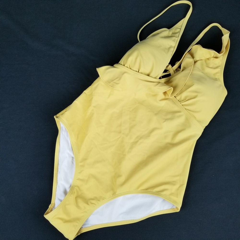 Cacelin Women's Swimsuit Size M Yellow‎ One Piece Ruffle Front Open String Back